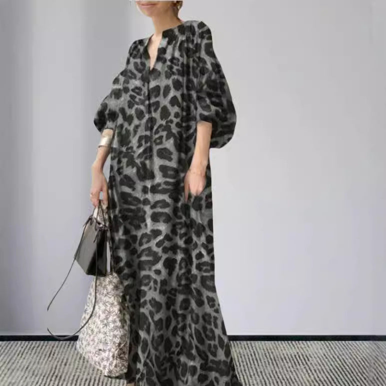 Damen Langarm Maxi-Kleid im auffälligen Leopardenmuster EB