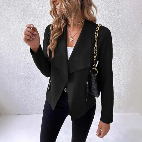 Damen elegante Veloursjacke mit asymmetrischem Revers und Reißverschlusstaschen EB