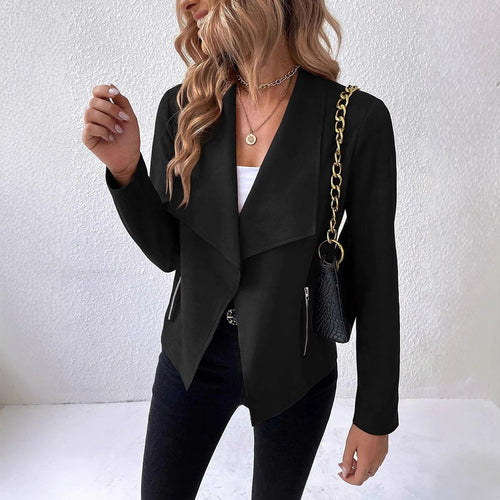 Damen elegante Veloursjacke mit asymmetrischem Revers und Reißverschlusstaschen EB