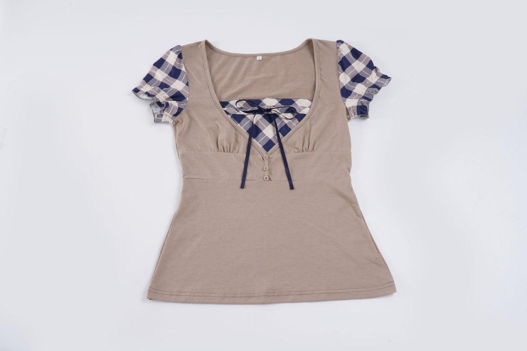 Damen modisches Oberteil mit asymmetrischem Karomuster und eleganten Rüschendetails EB