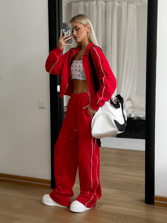 Damen nan kurzes Reißverschluss-Hoodie und hohe Taillen-Jogginghose Set mit dekorativer Seitenpaspel EB