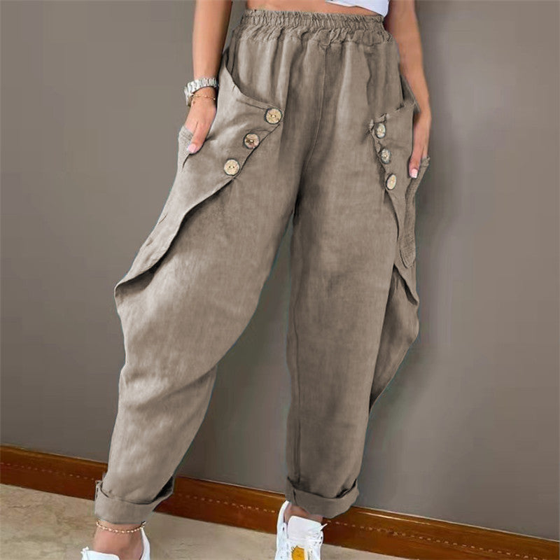 Damen lässige Sommerhose mit Knopfdetails und praktischen Seitentaschen EB