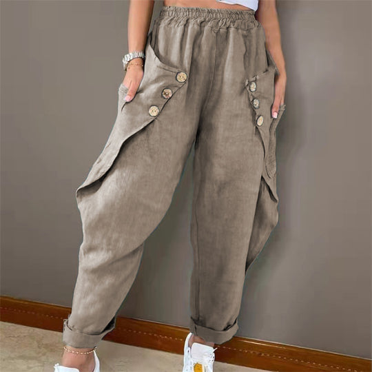 Damen lässige Sommerhose mit Knopfdetails und praktischen Seitentaschen EB