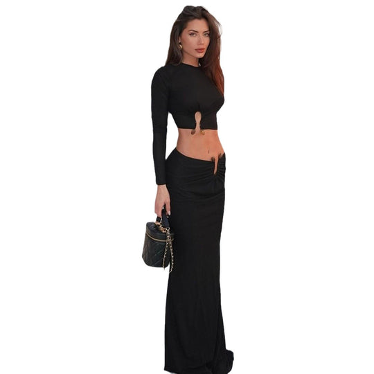 Damen Crop-Top und Maxi-Rock Kombi mit hohem Schlitz und eleganter Raffung EB