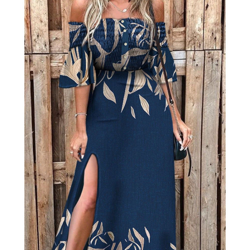 Damen Maxikleid mit schulterfreiem Design und elegante Blumendruckdetails EB