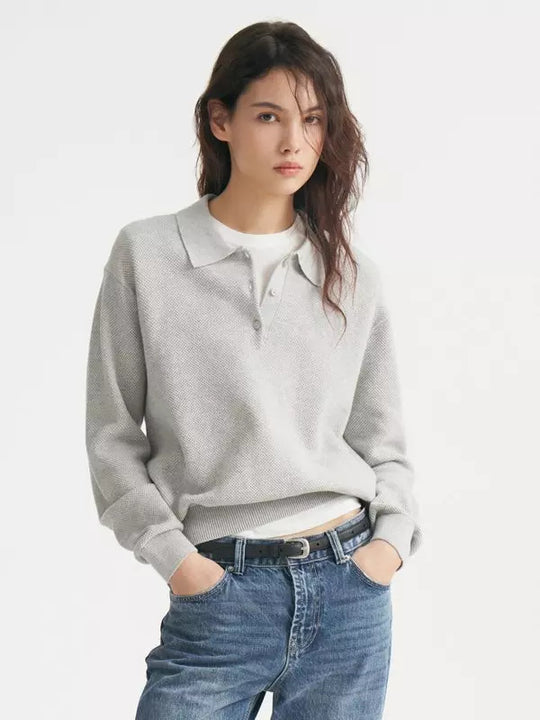 Damen Feinstrick-Polo-Sweater mit Knopfleiste und geripptem Saum EB