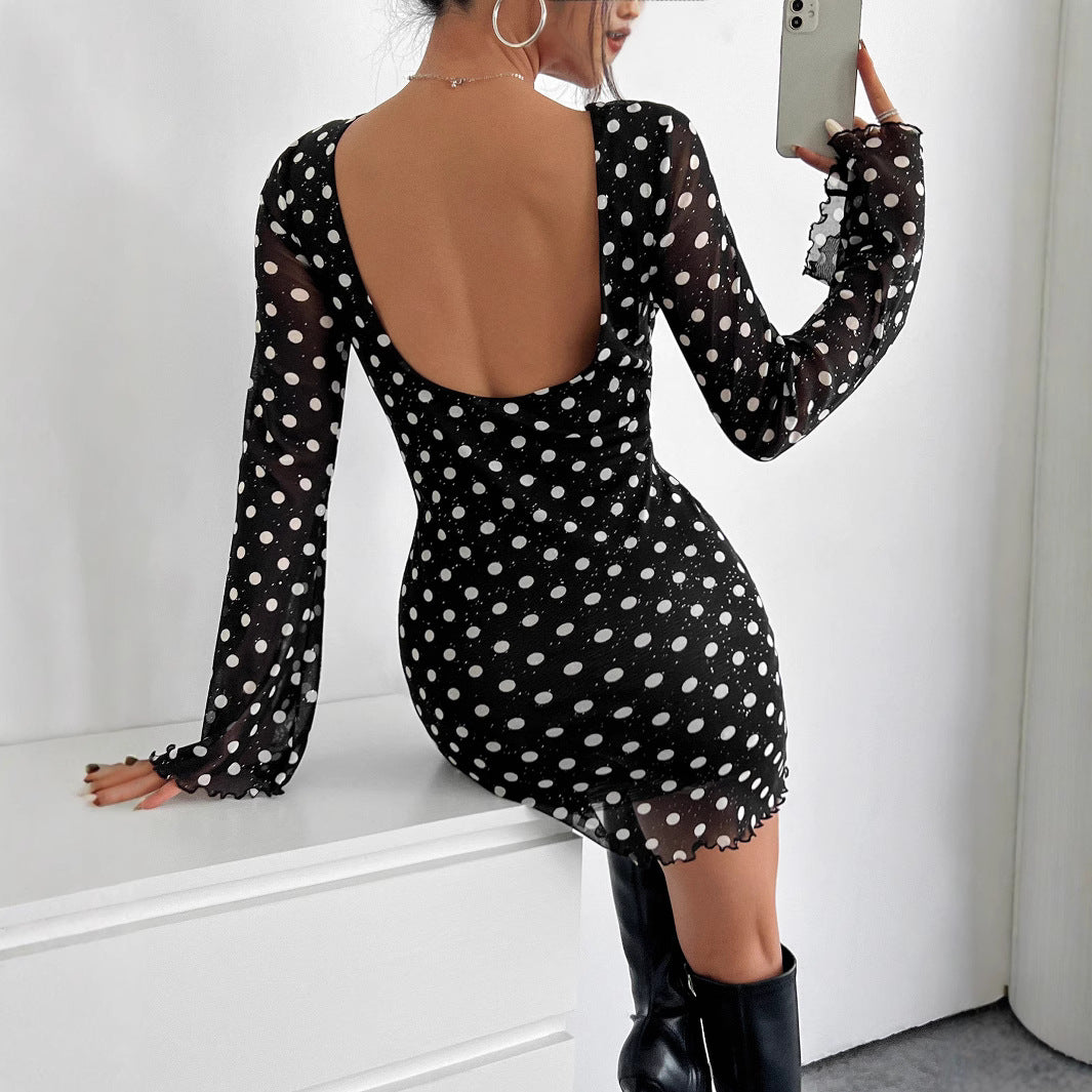 Damen Polka-Dots Minikleid mit langen Ärmeln EB