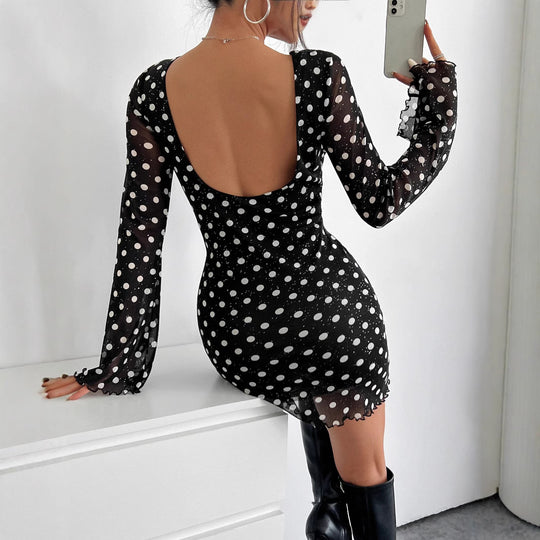 Damen Polka-Dots Minikleid mit langen Ärmeln EB