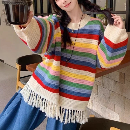 Damen Großer Strickpullover mit Fransen und buntem Streifenmuster EB