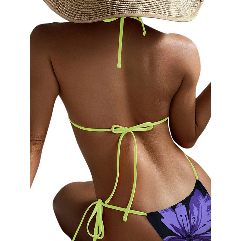 Damen Triangel-Bikini mit floralem Muster und verstellbaren Bindebändern EB