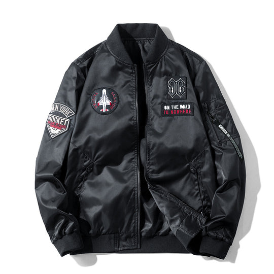 Men's  pilot-style embroidered patch utility bomber jacket with angled welt pockets and zip sleeve pocket EB