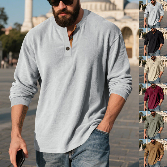 Herren Langarm-Henley-Shirt mit strukturiertem Material und modischen Knopfdetails EB