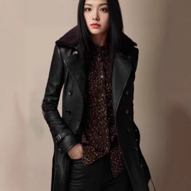 Damen edler Trenchcoat mit verschließbarem Kragen und raffinierten Details EB