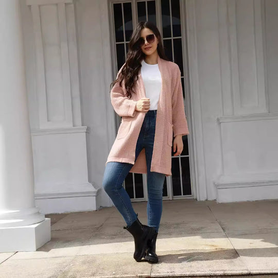 Damen lässiger Strickcardigan mit praktischen Taschen und offener Front EB