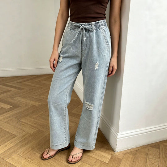 Damen nan weite Denimhose mit elastischem Kordelbund, Used-Effekten und lockerer Passform EB