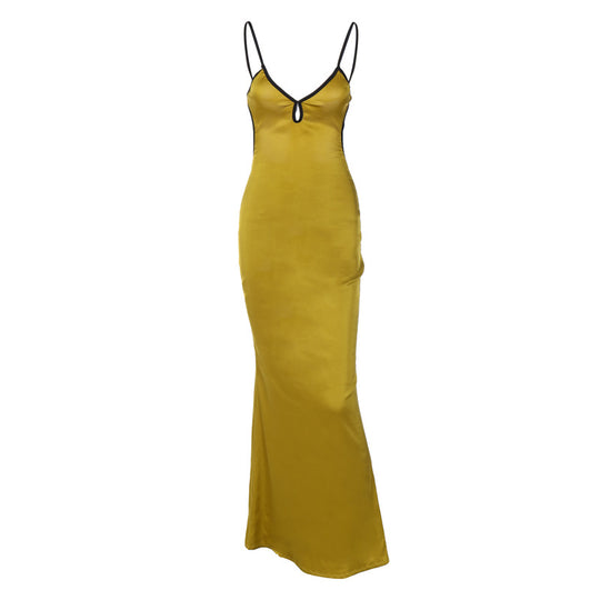 Damen Elegantes Satin-Maxikleid mit verstellbaren Spaghettiträgern und tiefem V-Ausschnitt EB