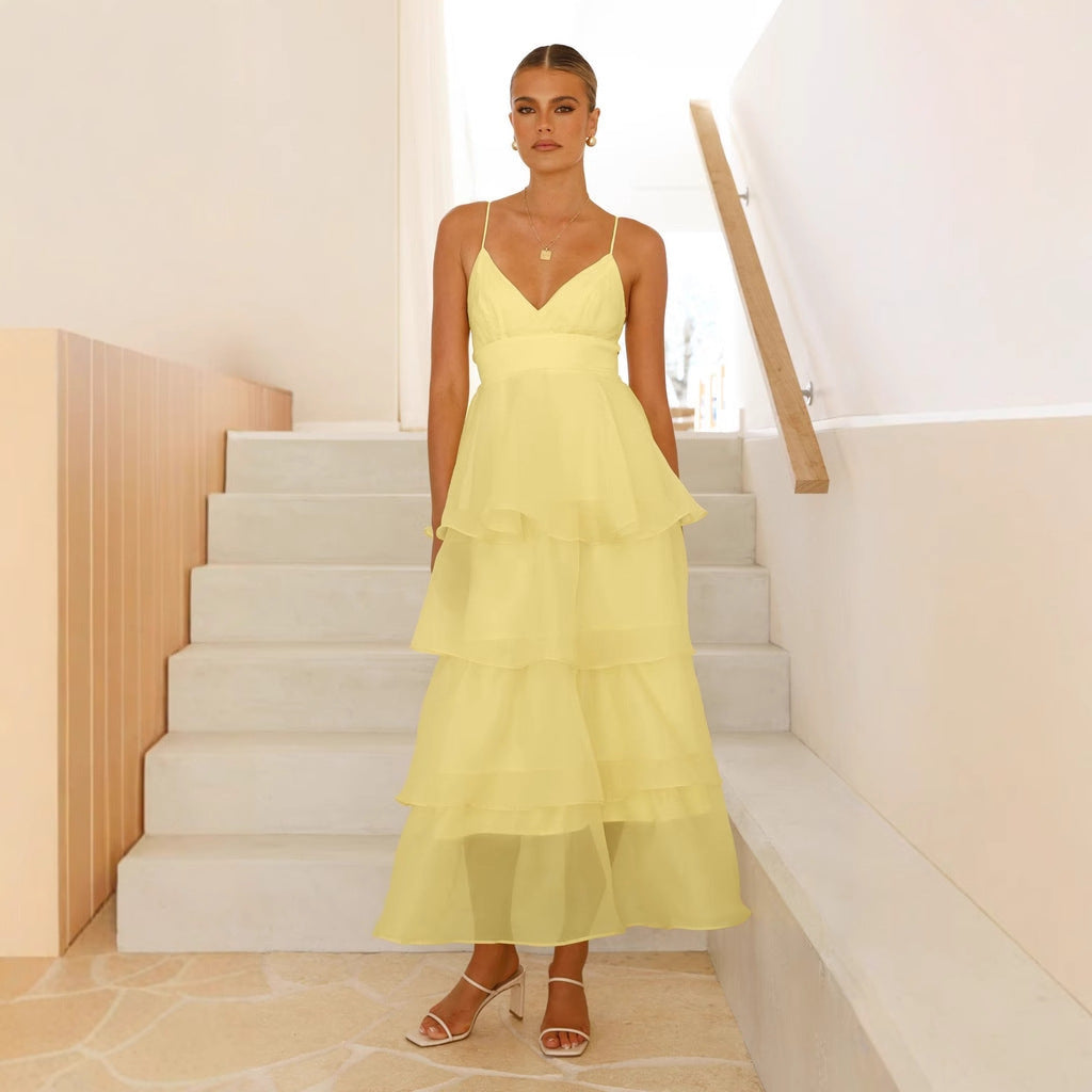 Damen luftiges Maxikleid mit Schichten und Spaghettiträgern EB