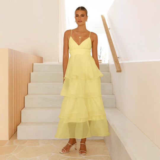 Damen luftiges Maxikleid mit Schichten und Spaghettiträgern EB