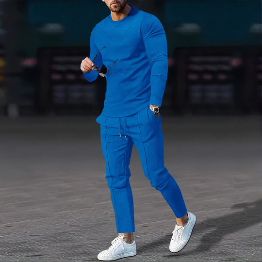 Herren nan modernes Lounge-Set aus feinem Stretchjersey mit Rundhals-Longsleeve und tapered Cargo-Jogger EB