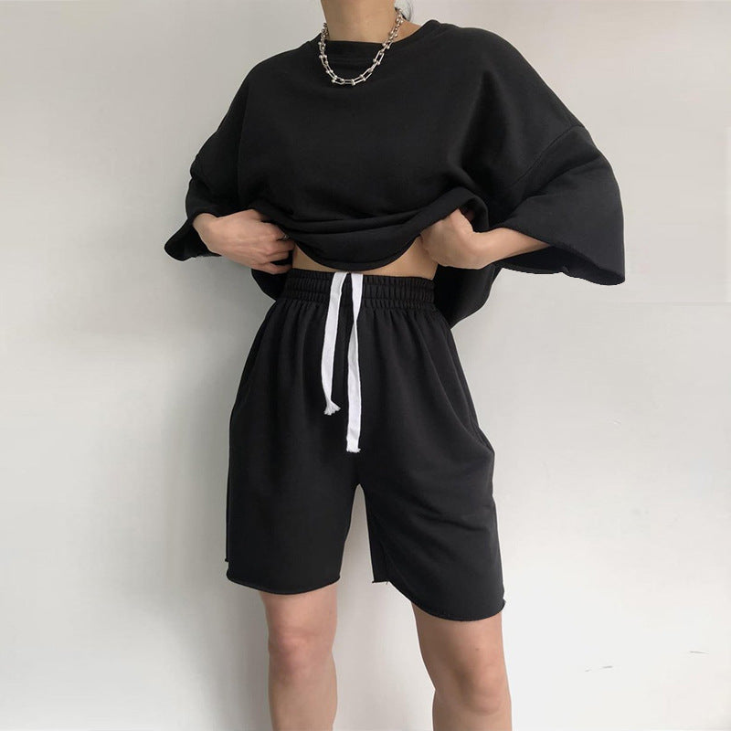 Damen lässiges Crop-Top und Shorts-Set mit weitem Schnitt EB