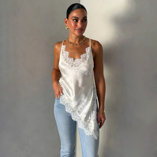 Damen Seidiges Spaghettiträgertop mit Spitzendetails EB