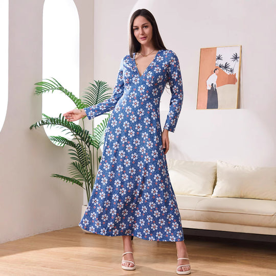 Damen Maxi-Kleid mit schmeichelndem V-Ausschnitt und floralen Details EB