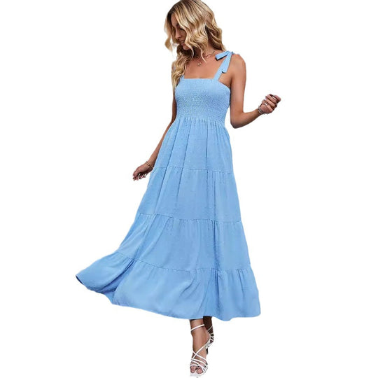 Damen Maxikleid im festlichen Boho-Stil mit schmalen Trägern und elastischem Oberteil EB