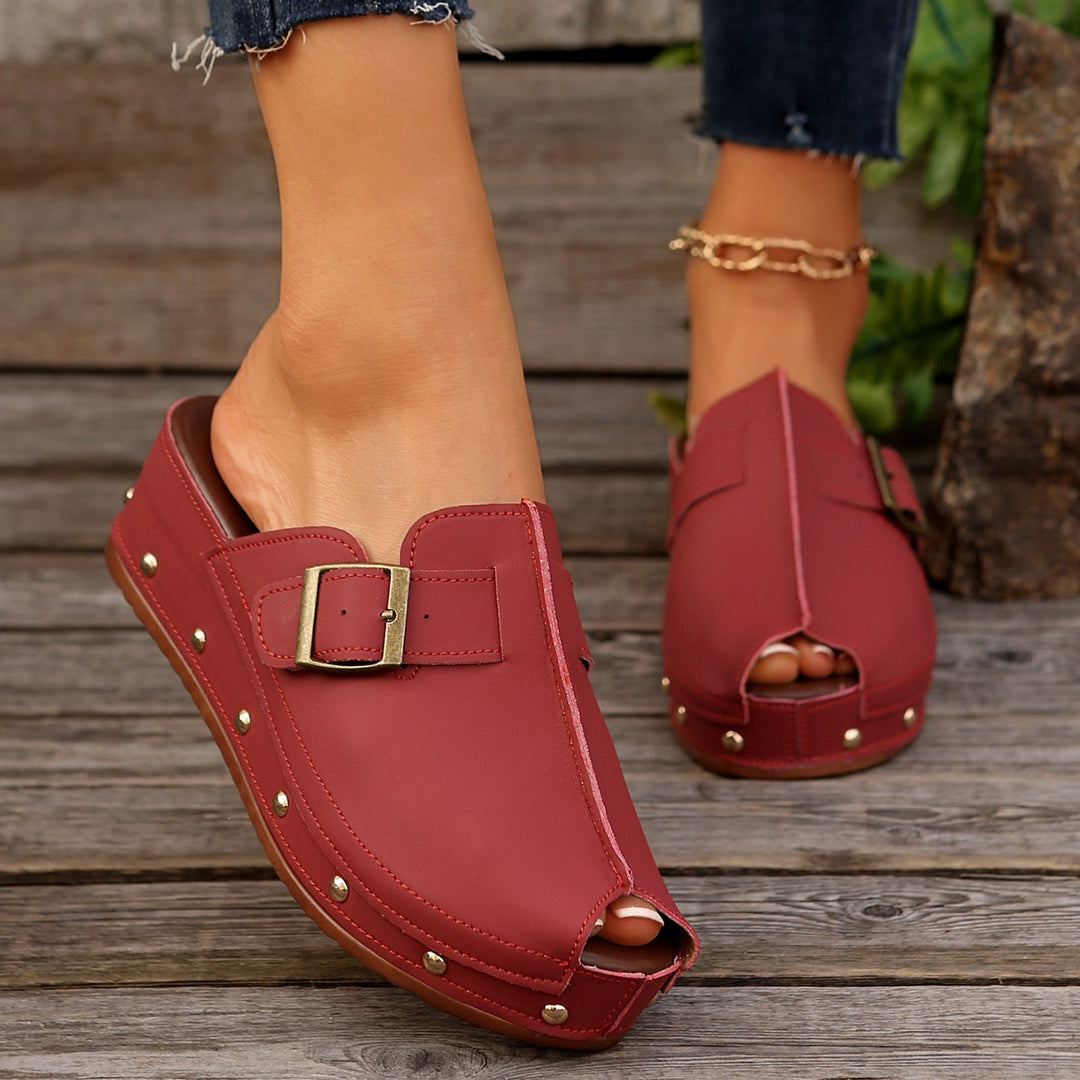 Damen Wedge-Pantoletten mit modischem Schnallen-Design und dekorativen Nieten EB