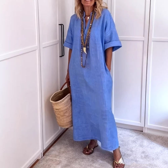 Damen Leinen Maxikleid mit V-Ausschnitt und praktischen Taschen EB