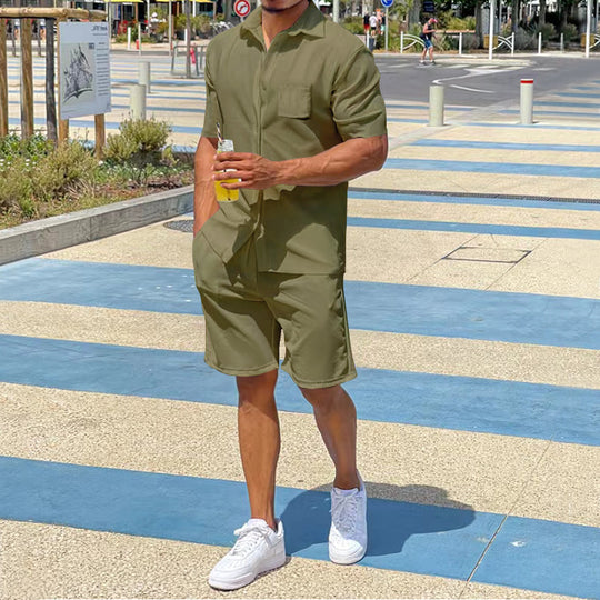 Herren nan legeres Resort-Zweiteiler mit offenem Kurzarm-Hemd, Brusttasche und elastischer Bermuda EB