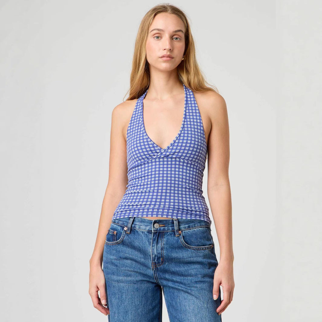 Damen Halter-Top mit Punktmuster und V-Ausschnitt EB