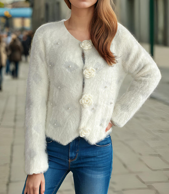 Damen Strickjacke mit floralen Applikationen und perlverzierter Detail EB