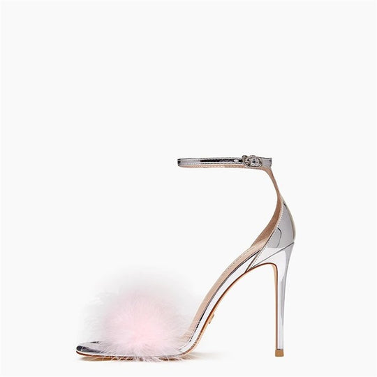 Damen elegante High Heel Sandalen mit luxuriösem Plüsch-Detail EB