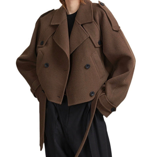 Damen Cropped Trenchjacke mit taillierbarem Gürtel und doppelt knöpfbarem Design EB