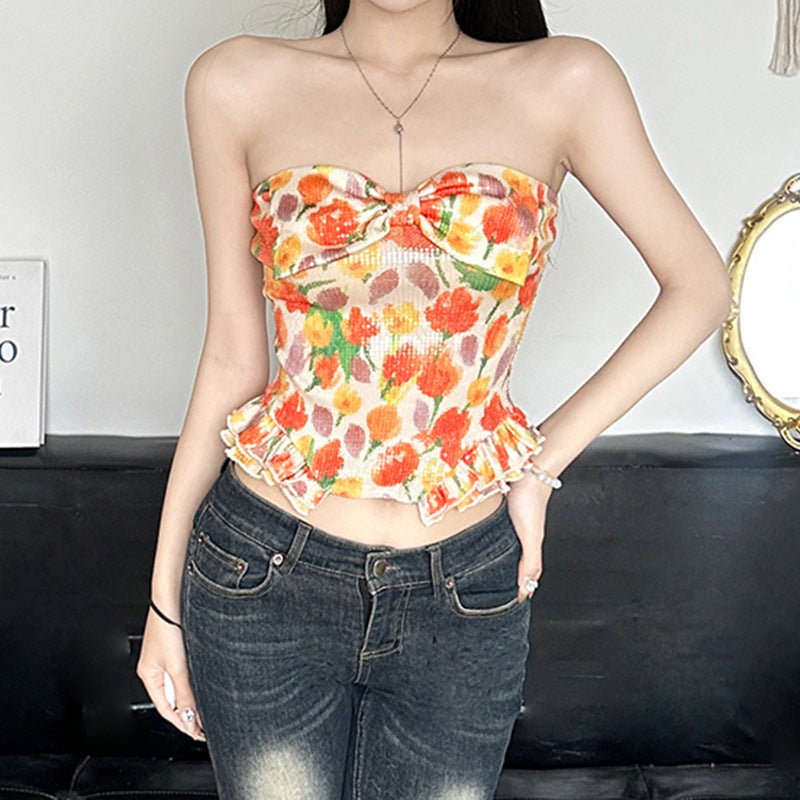 Damen Bustier-Top mit floralem Glitzerdesign und Rüschensaum EB