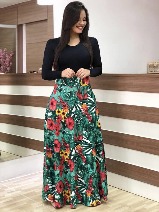 Damen Elegantes Maxikleid mit grafischem Druck und flexiblem Bund EB