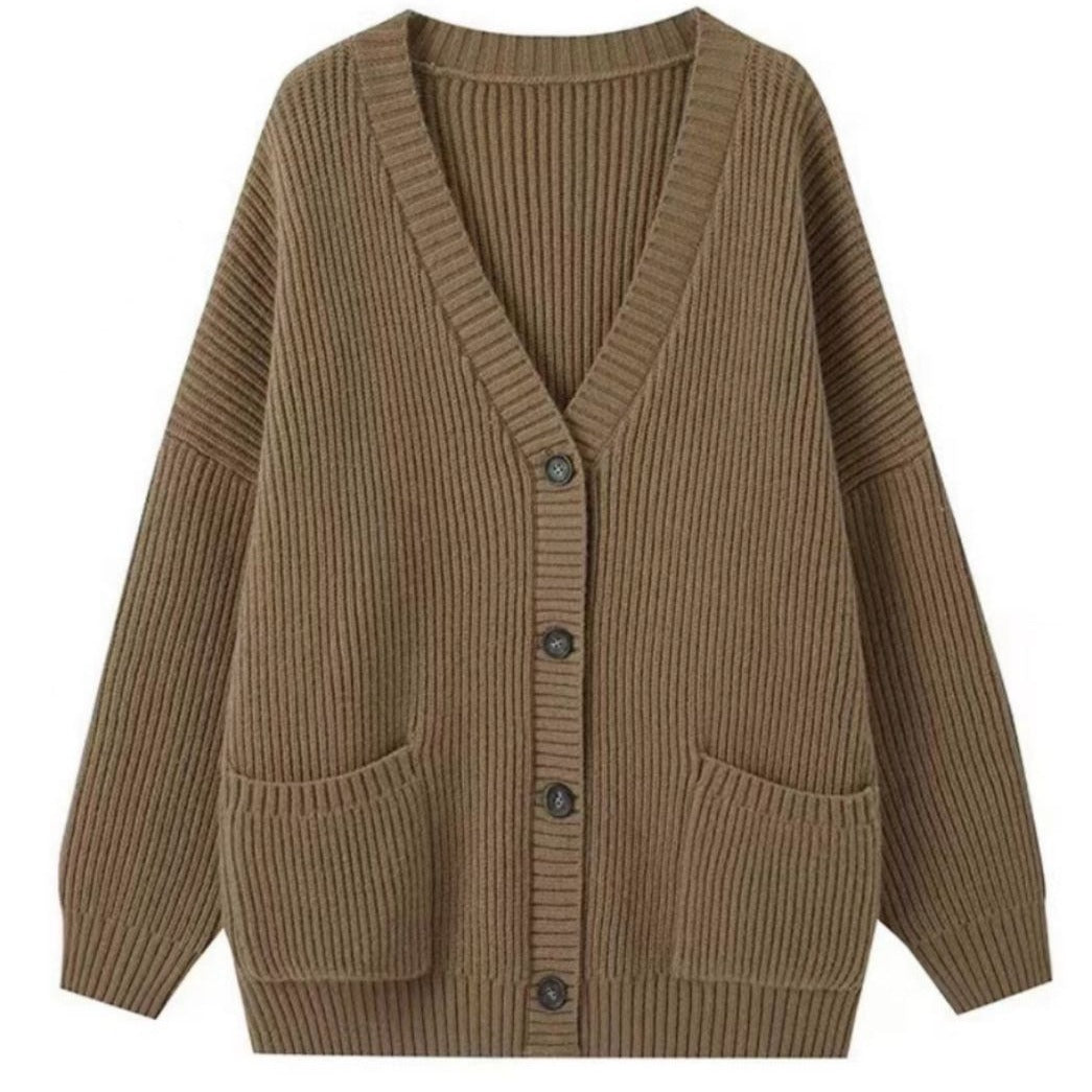 Damen Grobstrick Cardigan mit Taschen und tiefem V-Ausschnitt EB