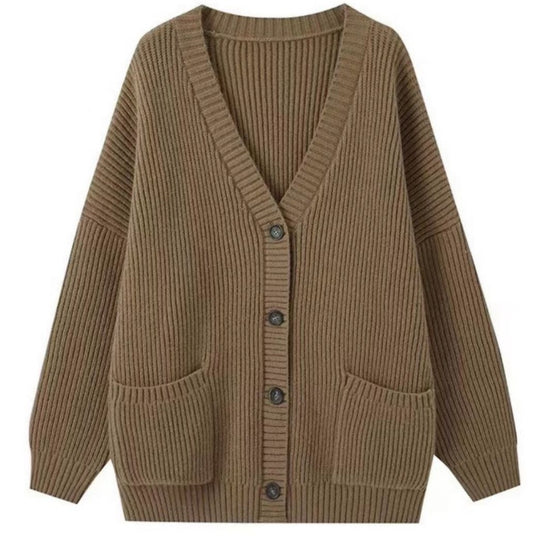 Damen Grobstrick Cardigan mit Taschen und tiefem V-Ausschnitt EB
