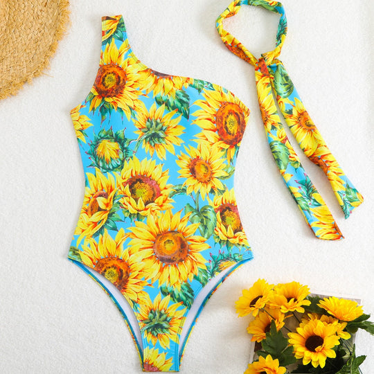 Damen Einteiliger Badeanzug mit asymmetrischem Schnitt und Sonnenblumenmuster EB