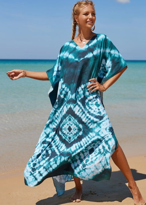 Damen Strandkleid mit buntem Batikdesign und weit geschnittenen Ärmeln EB