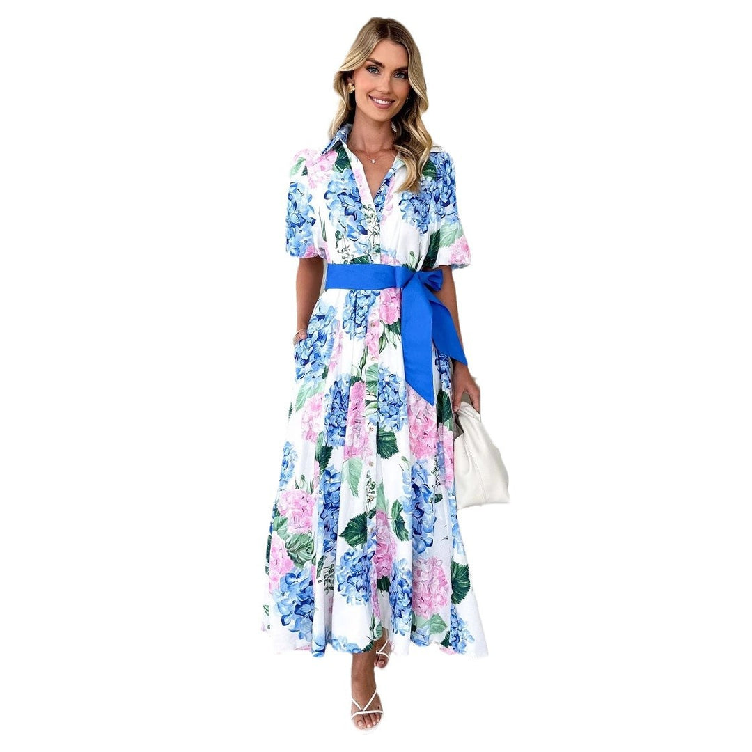 Damen Maxi-Kleid mit Bundfalten und Taillengürtel EB