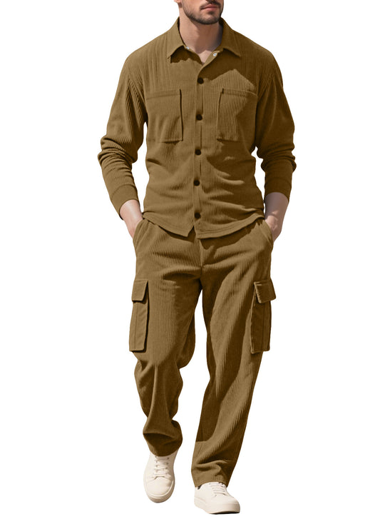 Herren nan geripptes Worker-Hemd mit Brusttaschen und entspannter Cargohose EB