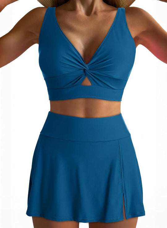 Damen Sport-Bikini-Set mit modischem Knoten-Oberteil und elegantem Rock EB