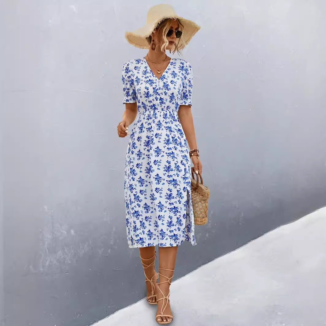 Damen midi Kleid mit floralen Mustern und seitlichem Schlitz EB