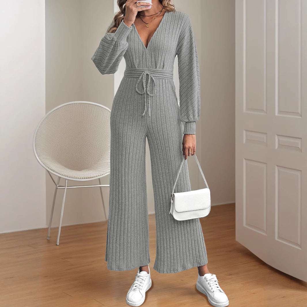 Damen legerer Strick-Jumpsuit mit weitem Bein und Taillengürtel EB