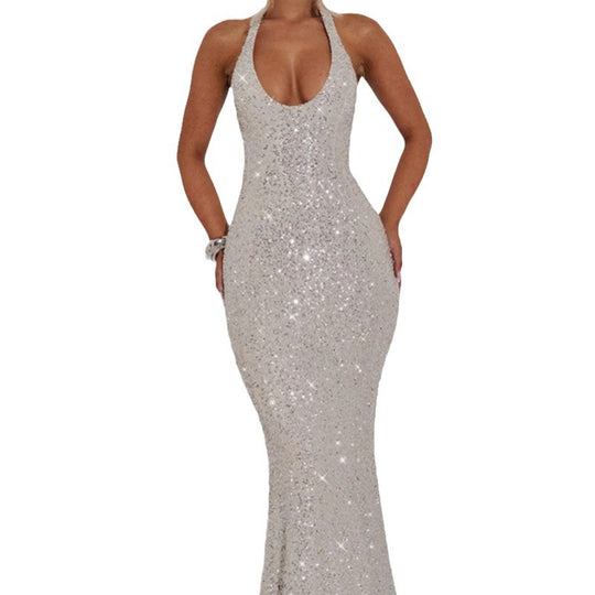 Damen Glamouröses Pailletten-Maxi-Kleid mit tiefem V-Ausschnitt und schmalem Schnitt EB