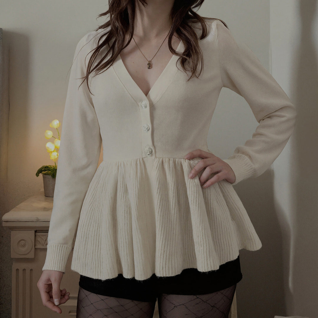 Damen nan geripptes Langarm-Top mit Empire-Taille, zierlicher Knopfleiste und Spitzenbesatz EB