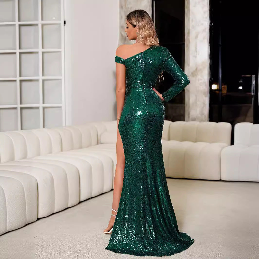 Damen Glamouröses Abendkleid mit asymmetrischem Schnitt und funkelnden Pailletten EB