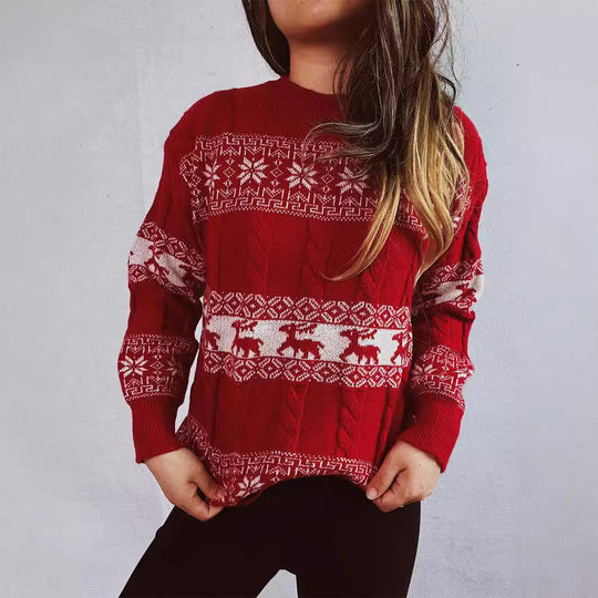 Damen Strickpullover mit festlichem Rentier-Motiv und Zopfmuster EB