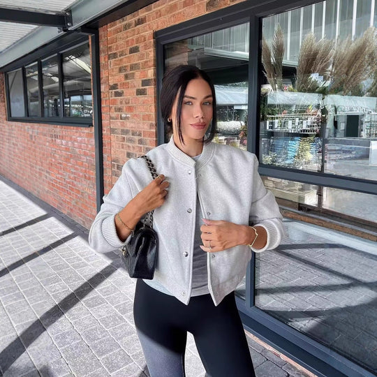 Damen Kurzgeschnittene Wollmix Bomberjacke mit Druckknöpfen und Rippbündchen EB